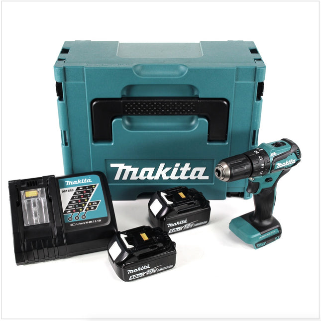 Makita DHP 483 RTJ Akku Schlagbohrschrauber 18V 40Nm im Makpac + 2x 5,0 Ah Akku + Ladegerät