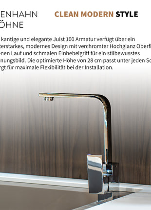 Rosenhahn & Söhne Juist 100 Küchenarmatur 360° Drehbarer Wasserhahn Küche - Armatur Küche [Chrom] - 2-fach verstellbare Spültischarmatur + Anschlussschläuche - Toolbrothers