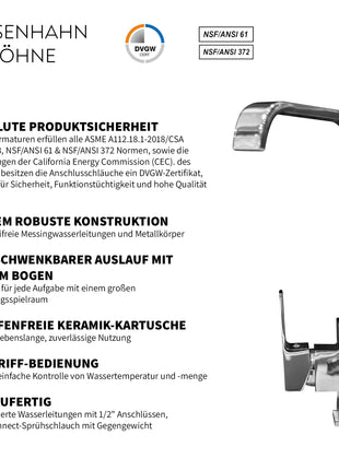 Rosenhahn & Söhne Juist 200 Küchenarmatur 360° Drehbarer Wasserhahn Küche - Armatur Küche [Chrom] - 2-fach verstellbare Spültischarmatur + Anschlussschläuche - Toolbrothers