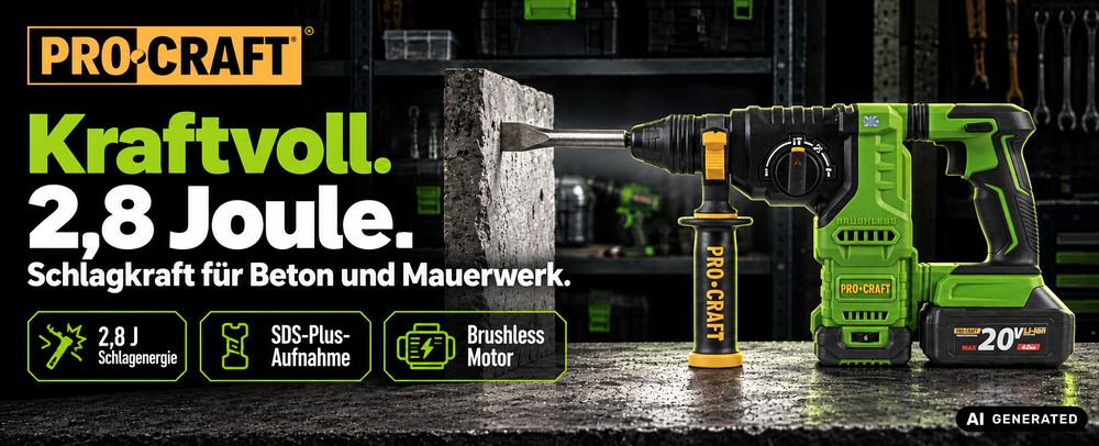 Procraft PHA30-bb-c Akku Bohrhammer 20 V 2,8 J SDS plus Brushless + Koffer - ohne Akku, ohne Ladegerät