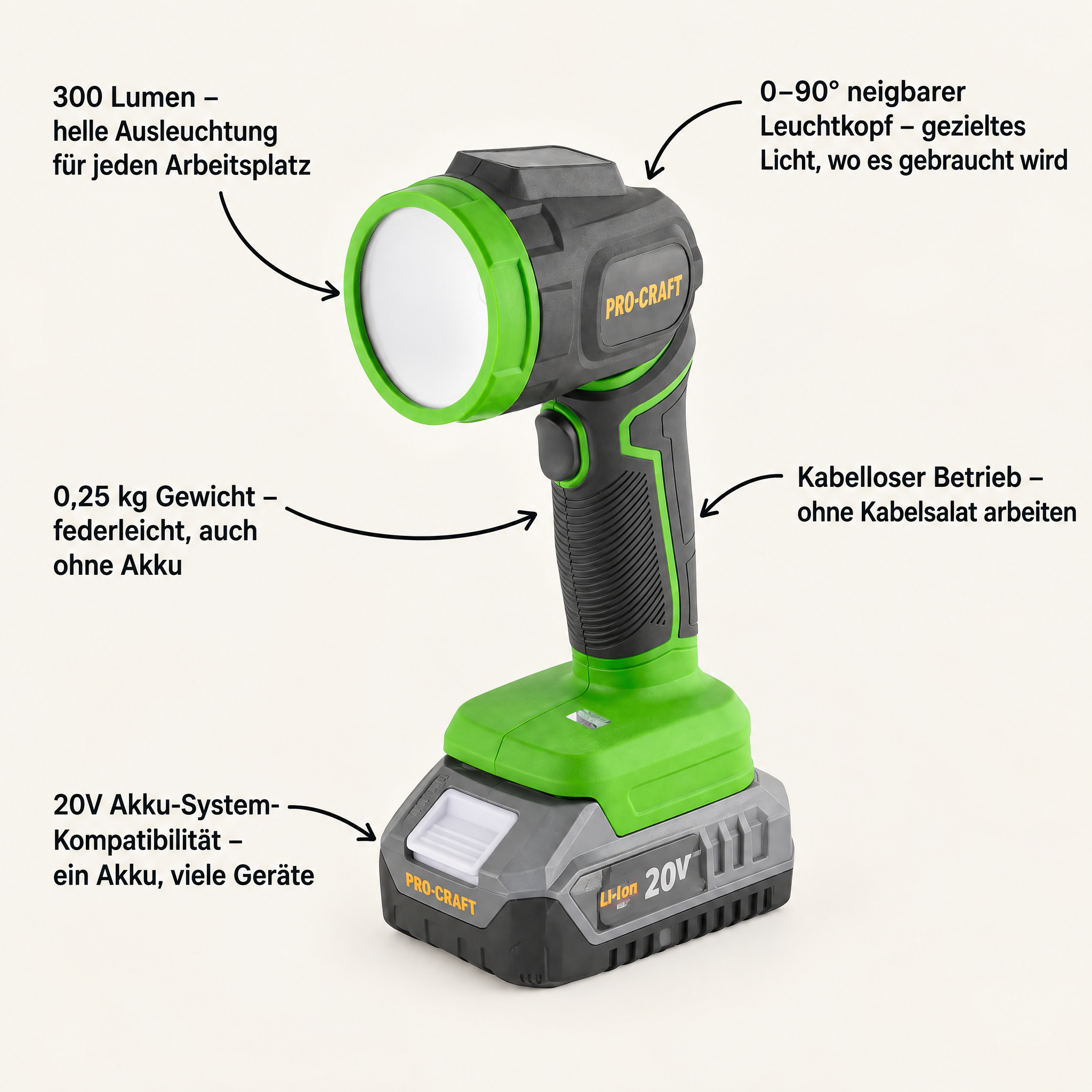Procraft LL18bb Akku LED Strahler 20 V 300 lm Solo - ohne Akku, ohne Ladegerät