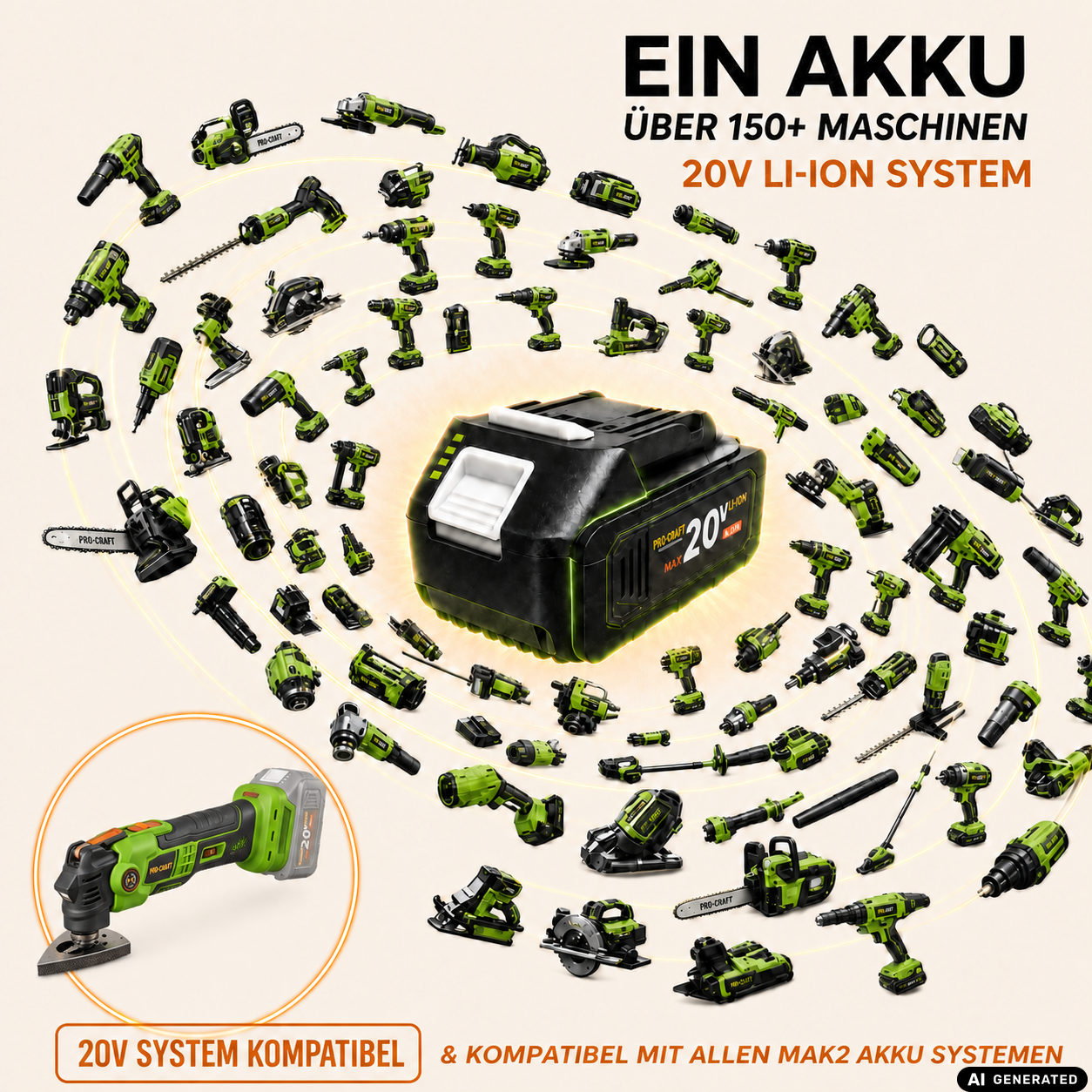Procraft PMT22bb Akku Multifunktionswerkzeug 20 V Brushless + 2x Akku 2,0 Ah + Ladegerät + RHINO Toolcase