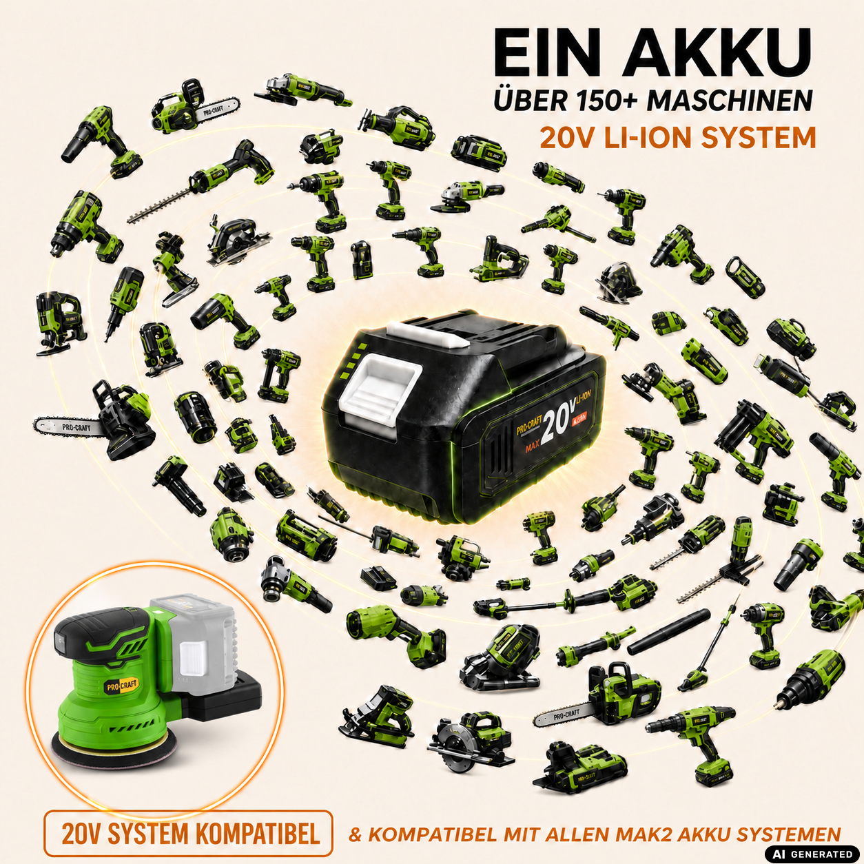 Procraft PX20BLbb Akku Exzenterschleifer 20 V 125 mm Brushless + 2x Akku 4,0 Ah + Ladegerät
