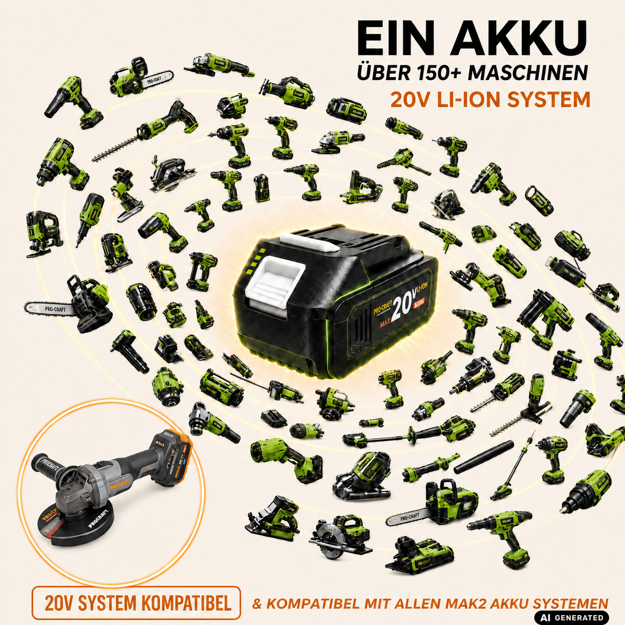 Procraft Industrial AG125Abb Akku Winkelschleifer 20 V 125 mm Brushless + 1x Akku 4,0 Ah + Ladegerät + RHINO Toolcase