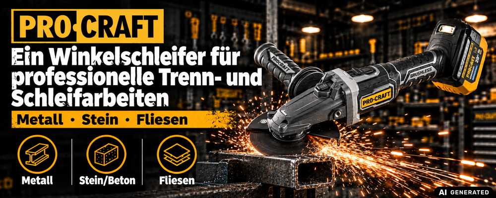 Procraft Industrial AG125Cbb Akku Flachkopf Winkelschleifer 20 V 125 mm Brushless + 1x Akku 4,0 Ah + RHINO Toolcase - ohne Ladegerät