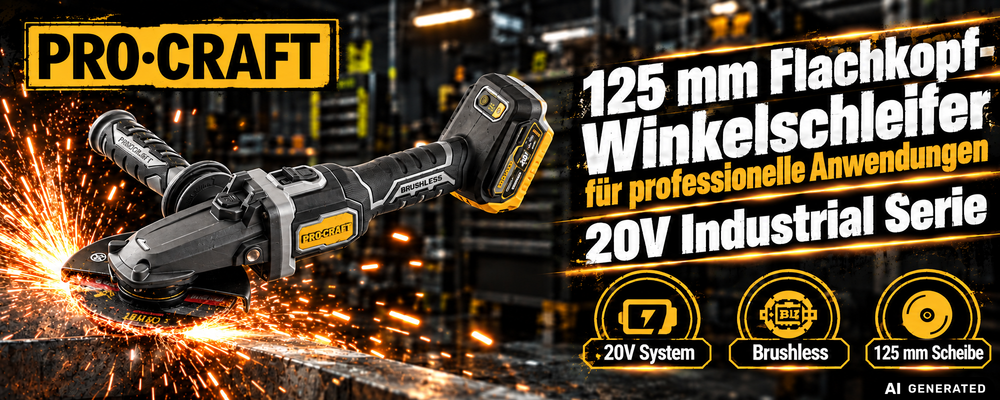 Procraft Industrial AG125Cbb Akku Flachkopf Winkelschleifer 20 V 125 mm Brushless + 1x Akku 4,0 Ah + RHINO Toolcase - ohne Ladegerät