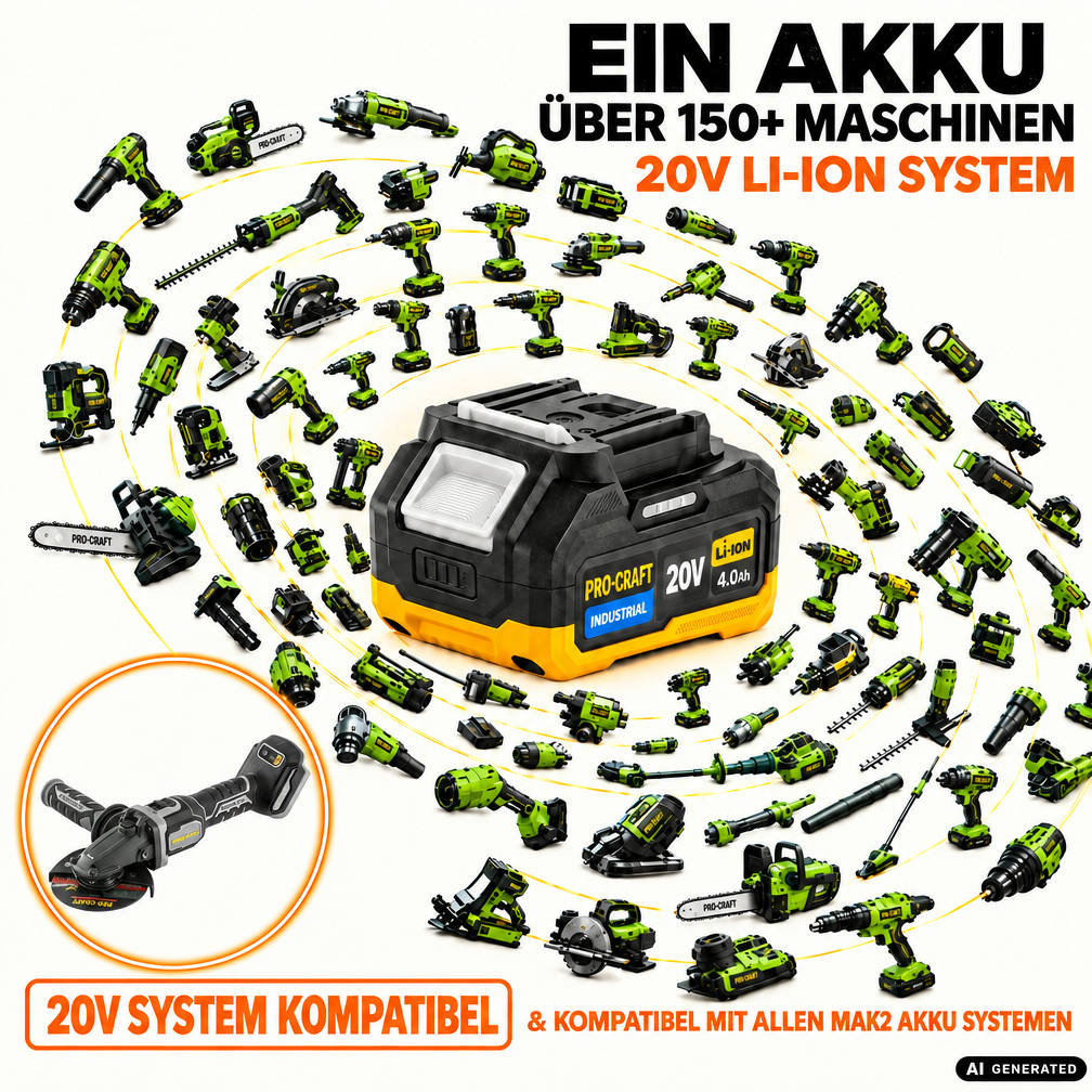 Procraft Industrial AG125Cbb Akku Flachkopf Winkelschleifer 20 V 125 mm Brushless + 1x Akku 4,0 Ah + RHINO Toolcase - ohne Ladegerät