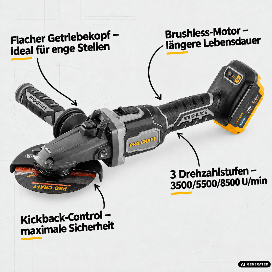 Procraft Industrial AG125Cbb Akku Flachkopf Winkelschleifer 20 V 125 mm Brushless + 1x Akku 4,0 Ah + RHINO Toolcase - ohne Ladegerät