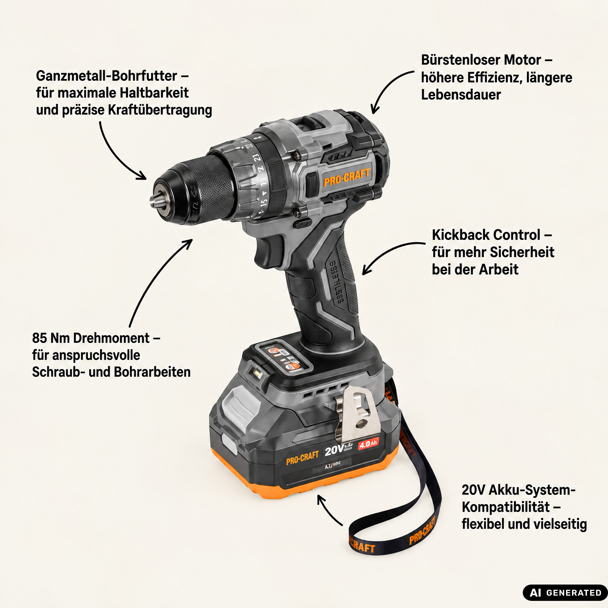 Procraft Industrial CD20Abb Akku Schlagbohrschrauber 20 V 85 Nm Solo - ohne Akku, ohne Ladegerät