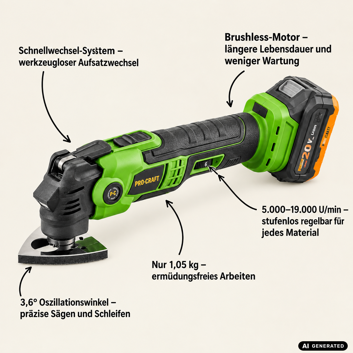Procraft PMT22bb Akku Multifunktionswerkzeug 20 V Brushless + 2x Akku 2,0 Ah + Ladegerät + RHINO Toolcase
