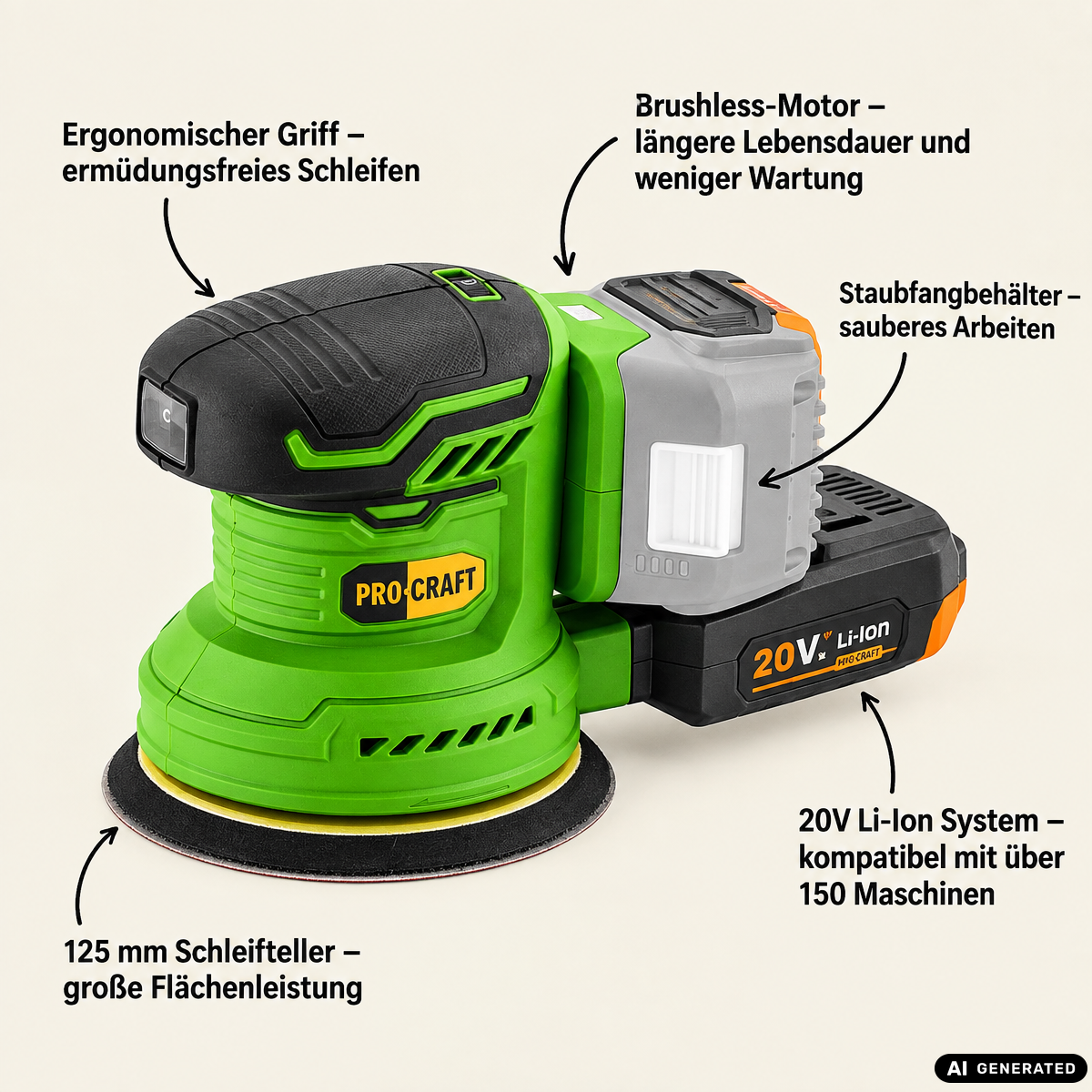 Procraft PX20BLbb Akku Exzenterschleifer 20 V 125 mm Brushless + 2x Akku 4,0 Ah + Ladegerät