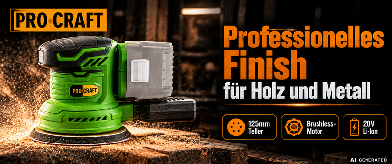 Procraft PX20BLbb Akku Exzenterschleifer 20 V 125 mm Brushless + 2x Akku 4,0 Ah + Ladegerät