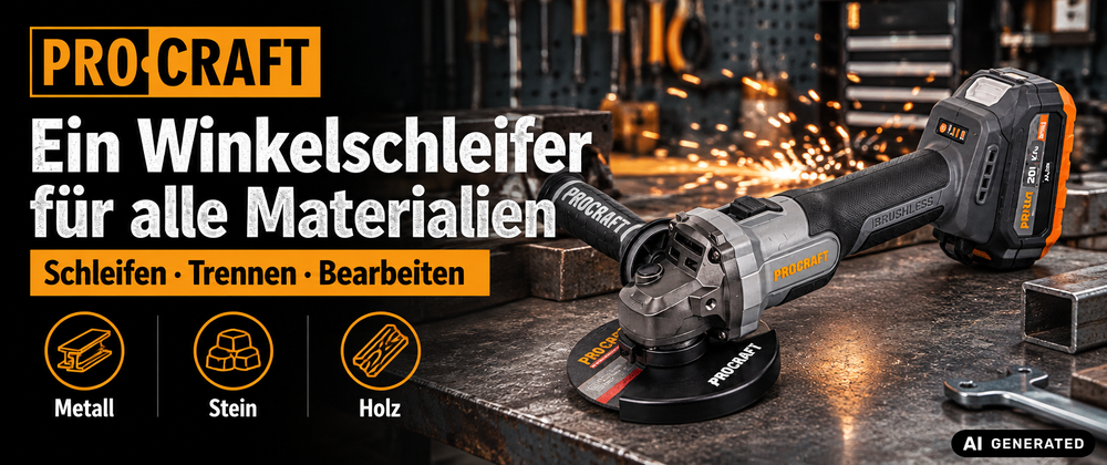 Procraft Industrial AG125Abb Akku Winkelschleifer 20 V 125 mm Brushless + 1x Akku 4,0 Ah + Ladegerät + RHINO Toolcase