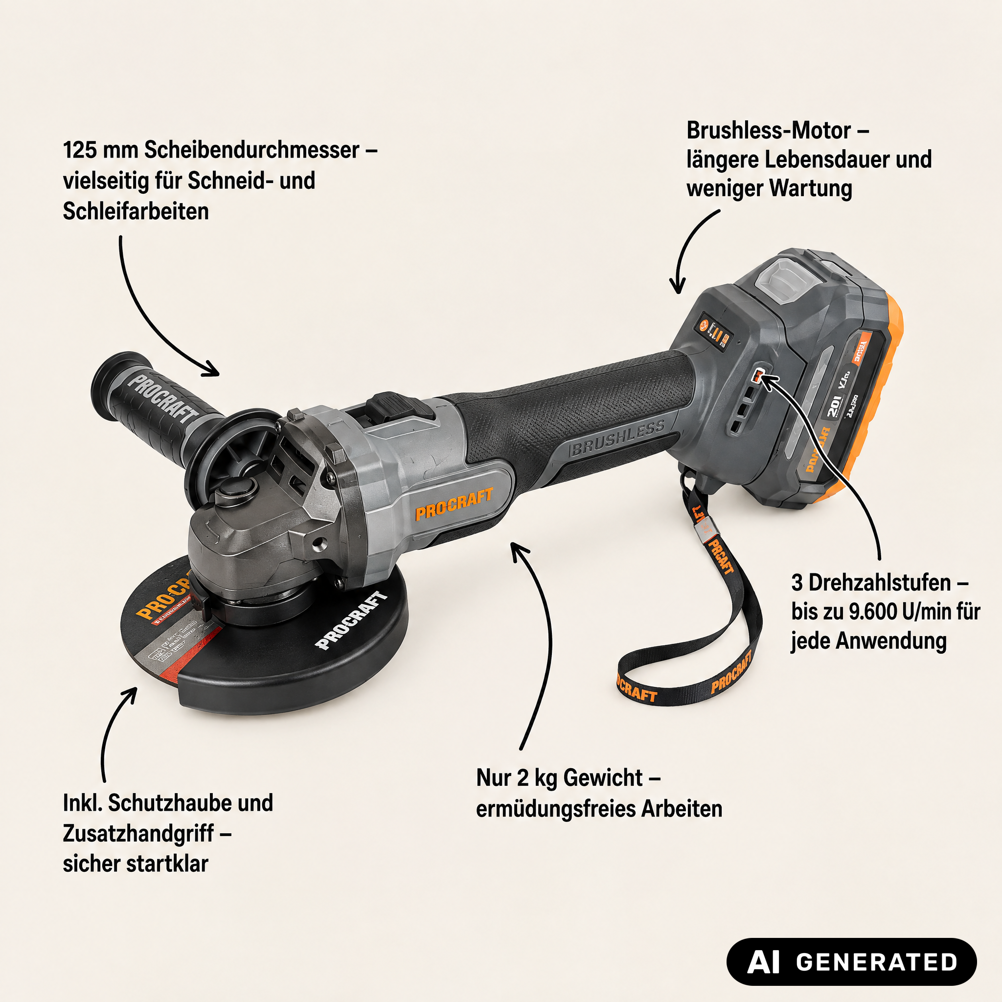 Procraft Industrial AG125Abb Akku Winkelschleifer 20 V 125 mm Brushless + 1x Akku 4,0 Ah + Ladegerät + RHINO Toolcase