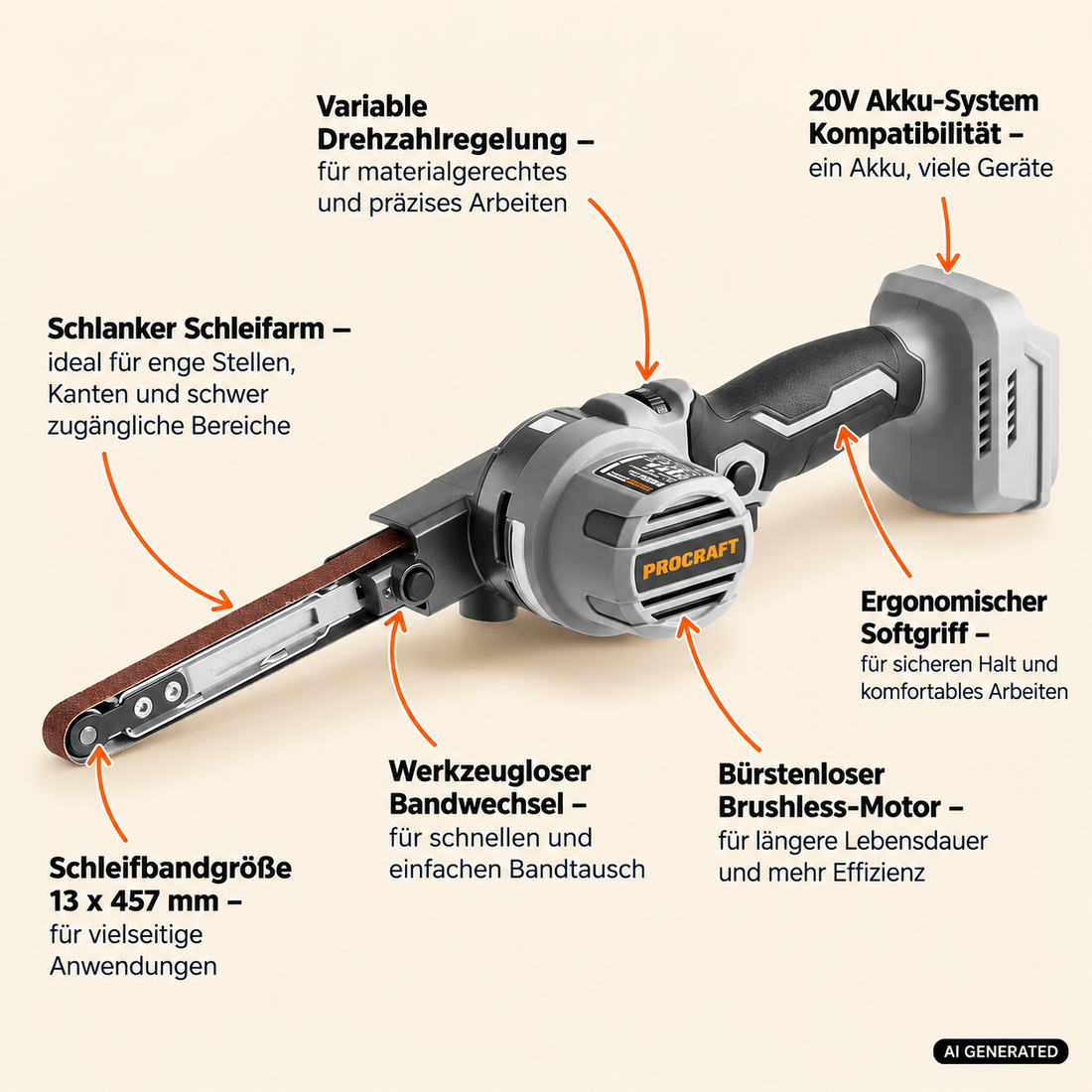ProCraft Industrial PFA20A-BB Akku Bandfeile 20 V 13 x 457 mm Brushless + 1x Akku 4,0 Ah + Ladegerät