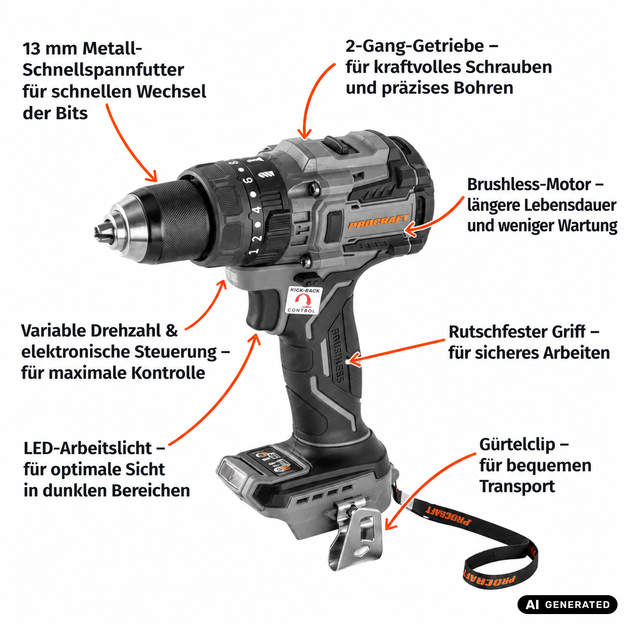 Procraft Industrial CD20B-BB Akku Schlagbohrschrauber 20 V 150 Nm Brushless + 2x Akku 4,0 Ah + Ladegerät + RHINO Toolcase