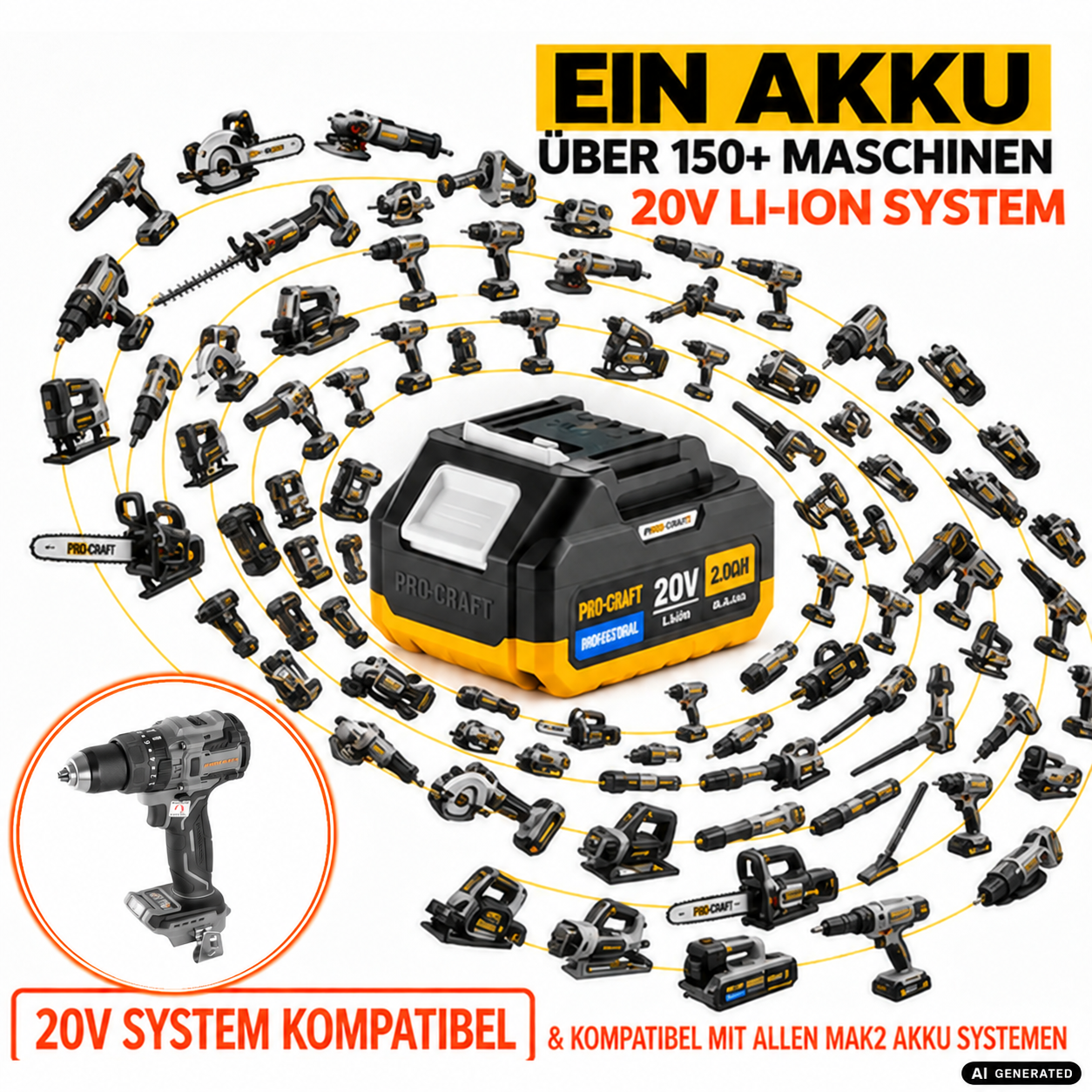 Procraft Industrial CD20B-BB Akku Schlagbohrschrauber 20 V 150 Nm Brushless + 2x Akku 4,0 Ah + Ladegerät + RHINO Toolcase