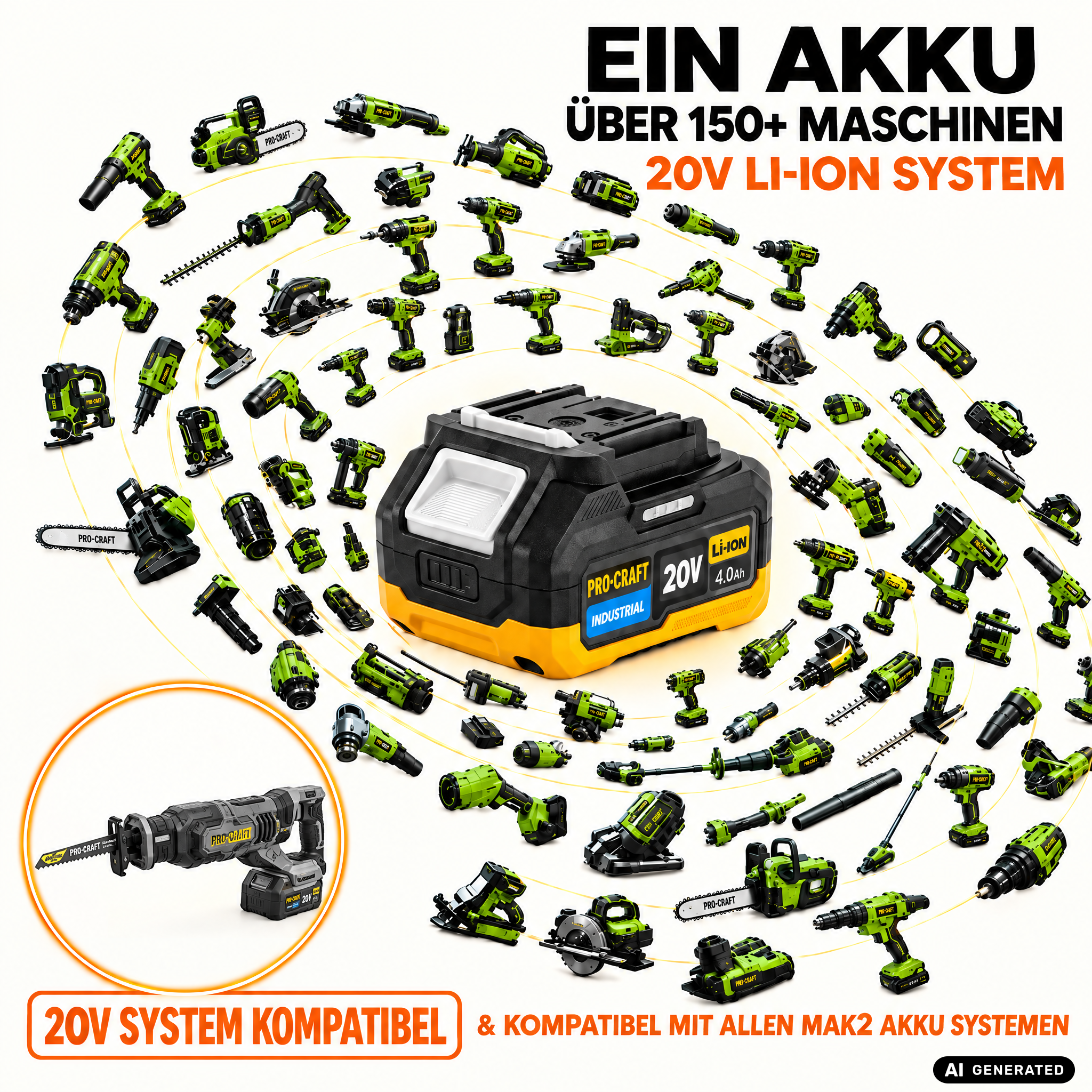 Procraft Industrial RS20Abb Recipro Säbelsäge 20 V Brushless + 1x Akku 4,0 Ah - ohne Ladegerät