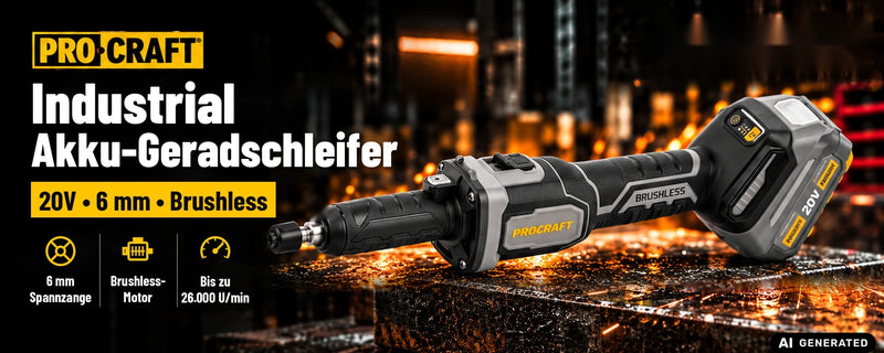 Procraft Industrial DG20A-BB Akku Geradschleifer 20 V 6 mm Brushless + 1x Akku 2,0 Ah - ohne Ladegerät