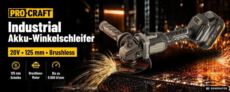 Procraft Industrial AG125Bbb Akku Winkelschleifer 20 V 125 mm Brushless + 1x Akku 2,0 Ah + RHINO Toolcase - ohne Ladegerät