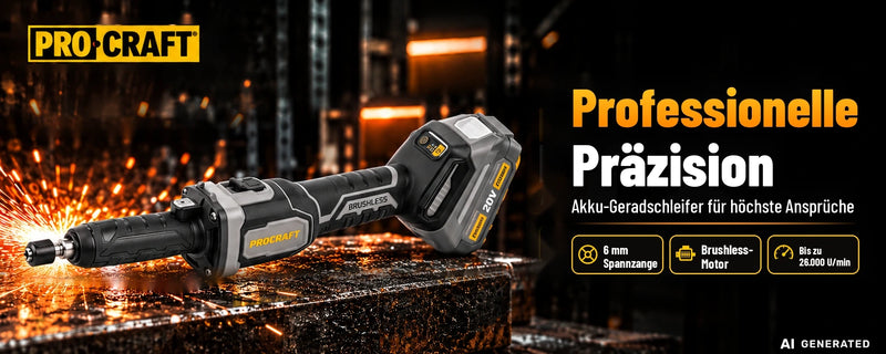 Procraft Industrial DG20A-BB Akku Geradschleifer 20 V 6 mm Brushless + 1x Akku 2,0 Ah - ohne Ladegerät