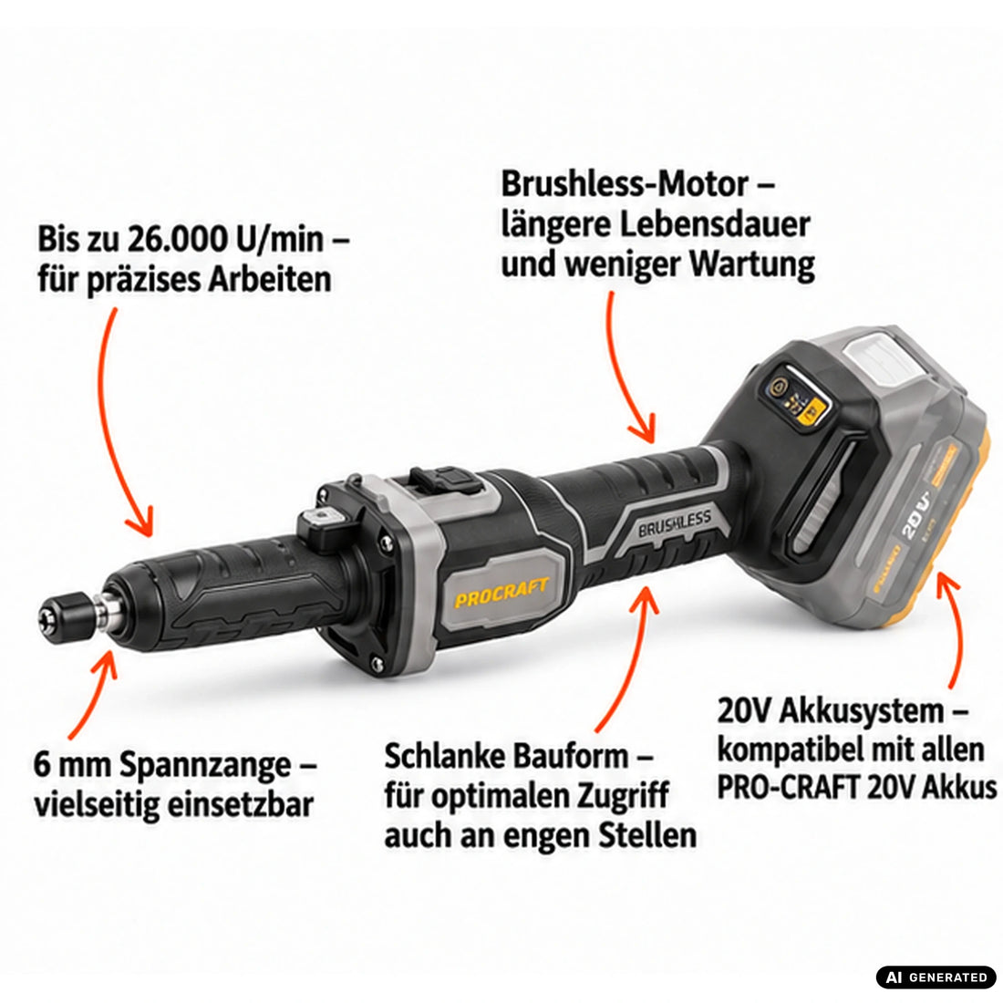 Procraft Industrial DG20A-BB Akku Geradschleifer 20 V 6 mm Brushless + 1x Akku 2,0 Ah + Ladegerät