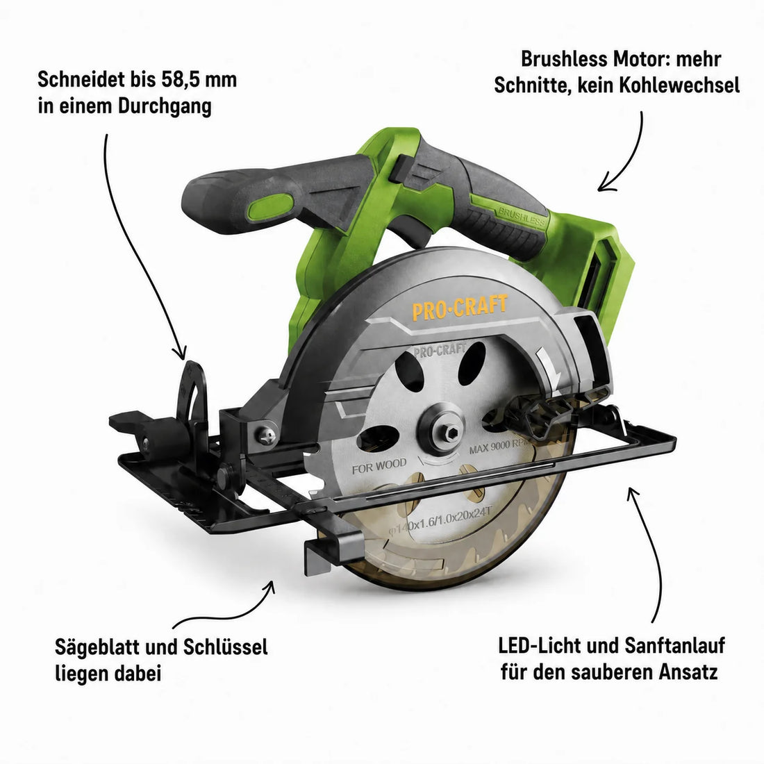 Procraft PCA32-BB Akku Handkreissäge 20 V 165 mm Brushless + 1x Akku 4,0 Ah + Ladegerät