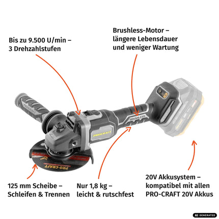 Procraft Industrial AG125Bbb Akku Winkelschleifer 20 V 125 mm Brushless + 1x Akku 2,0 Ah + RHINO Toolcase - ohne Ladegerät